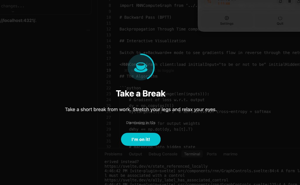 Menu bar controls with timer, interval slider, and display mode picker